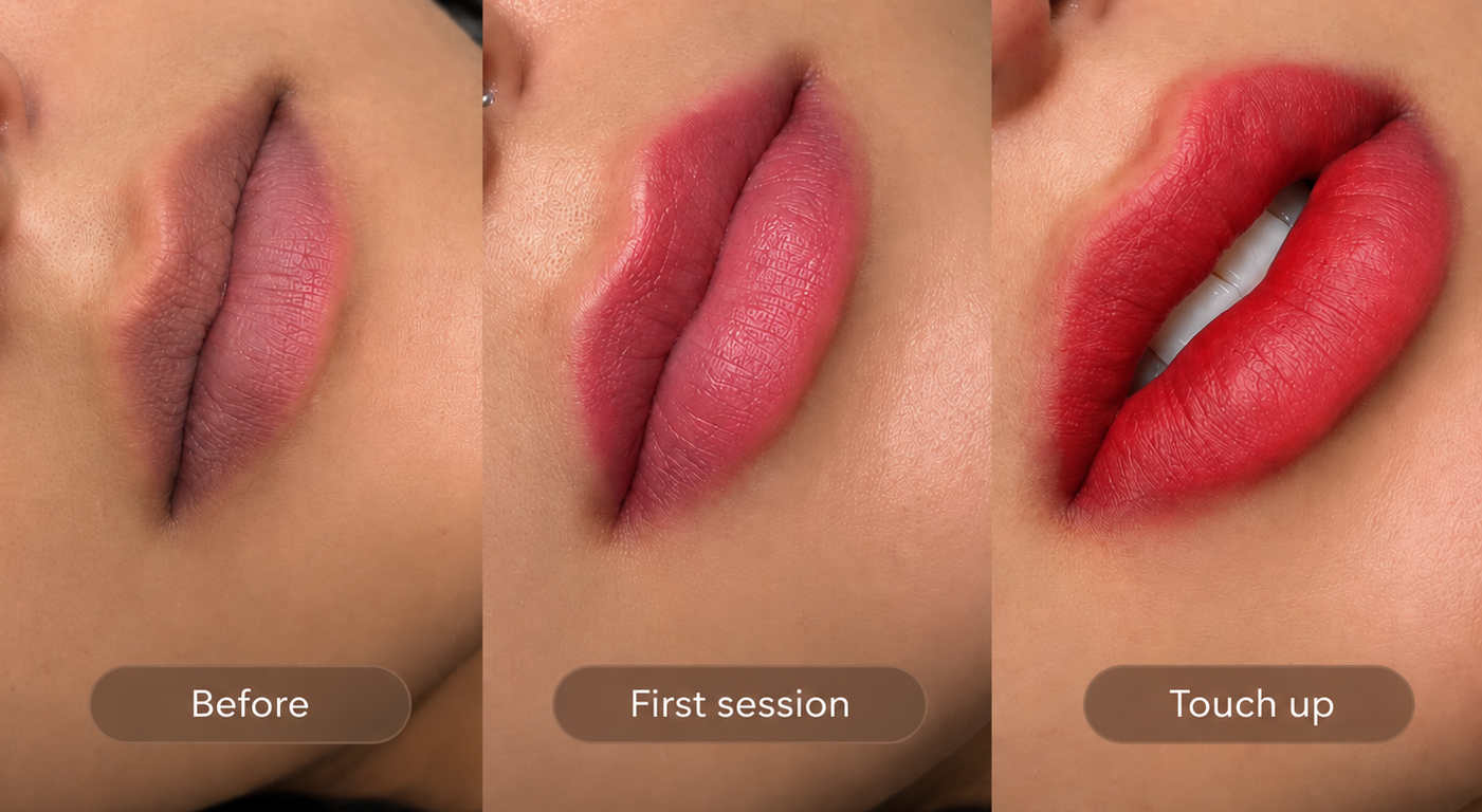 Lip blush progression showing before, first session and touch-up